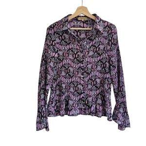 Vintage Notations Purple Paisley Pleated Bell Sleeve Blouse Top, Size L